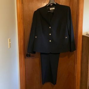 Tahari ASL Stand Collar Plus Size Navy Pantsuit with Gold Buttons